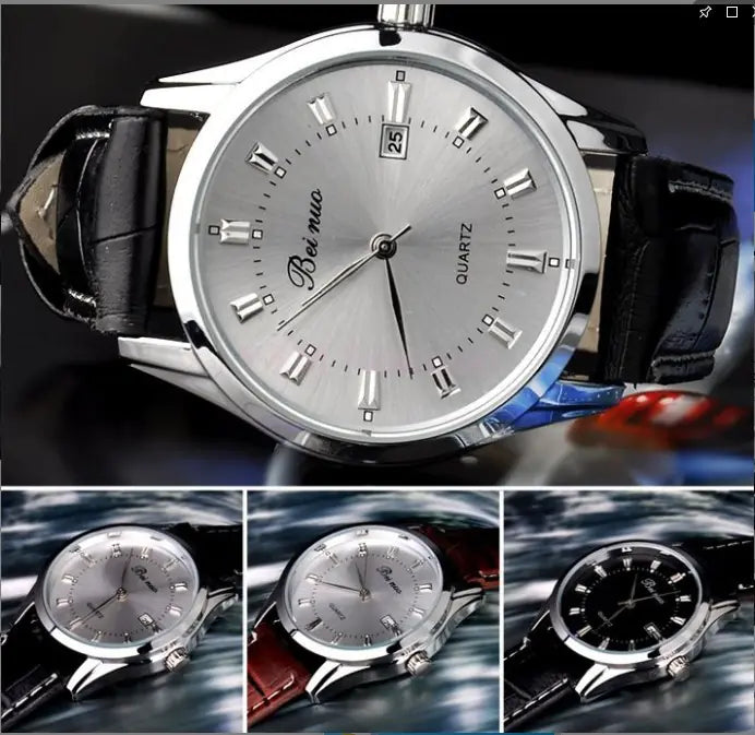 Calendar Leather Strap Watch with Date for Men
